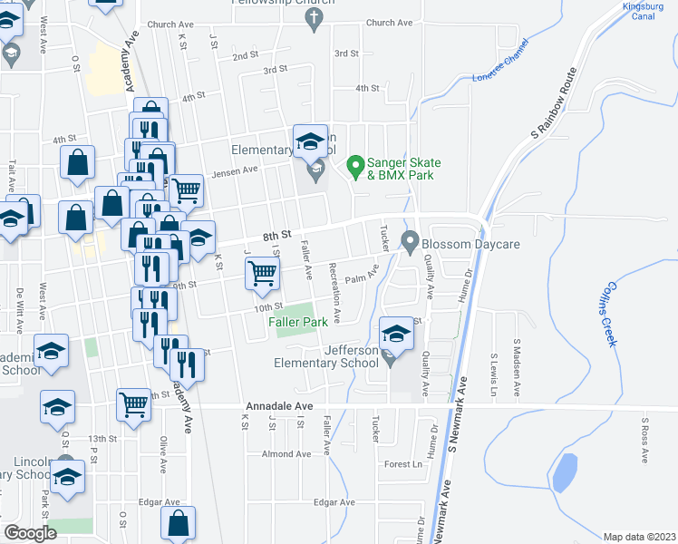 map of restaurants, bars, coffee shops, grocery stores, and more near 922 Recreation Avenue in Sanger