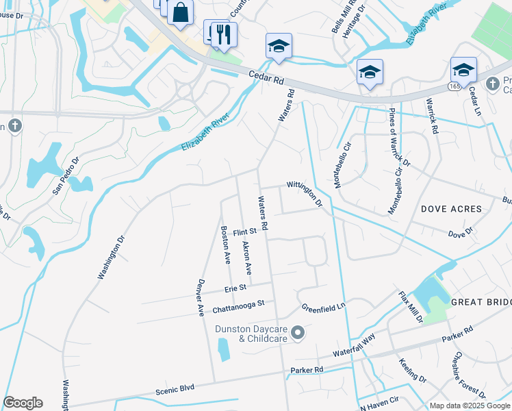 map of restaurants, bars, coffee shops, grocery stores, and more near 529 Waters Road in Chesapeake
