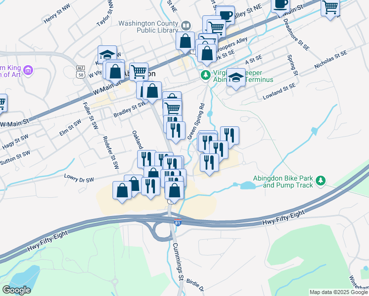 map of restaurants, bars, coffee shops, grocery stores, and more near 430 Plummer Street in Abingdon