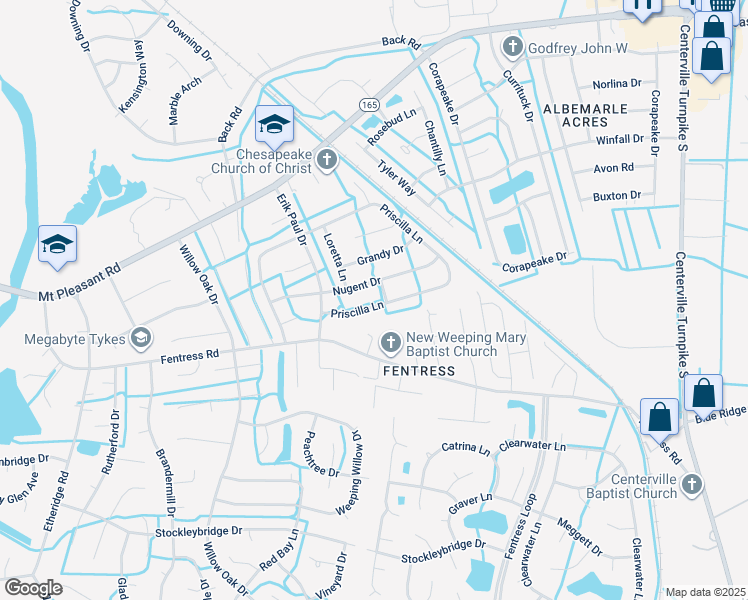 map of restaurants, bars, coffee shops, grocery stores, and more near 1205 Priscilla Lane in Chesapeake