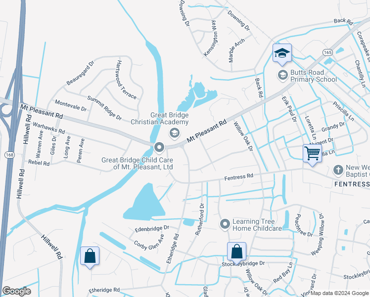 map of restaurants, bars, coffee shops, grocery stores, and more near 732 Etheridge Road in Chesapeake