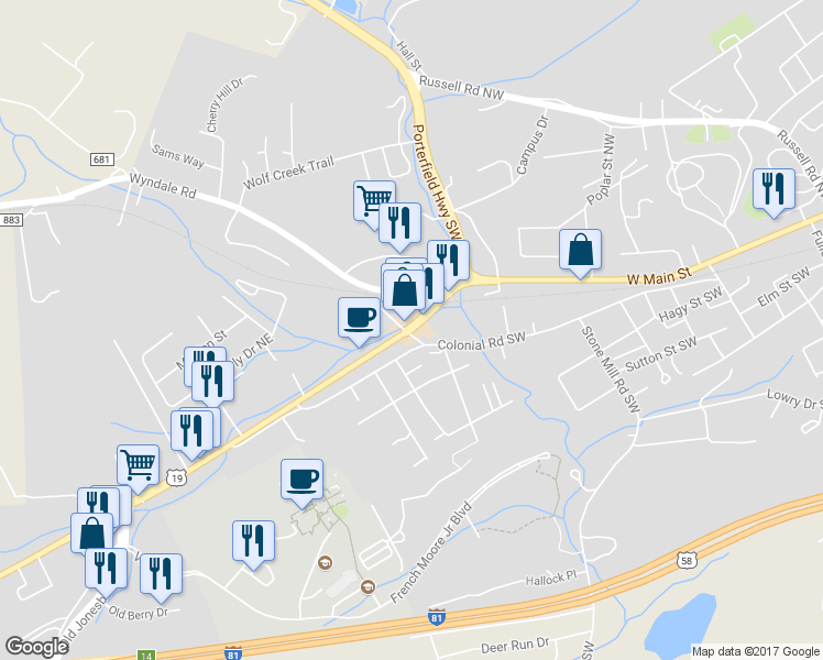 map of restaurants, bars, coffee shops, grocery stores, and more near 796 West Main Street in Abingdon