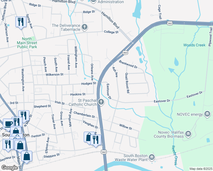 map of restaurants, bars, coffee shops, grocery stores, and more near 1919 Eastover Drive in South Boston