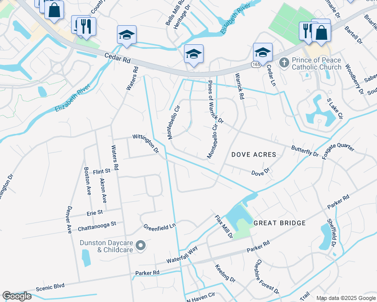 map of restaurants, bars, coffee shops, grocery stores, and more near 508 Brandy Court in Chesapeake