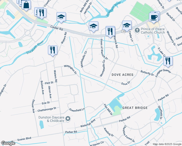 map of restaurants, bars, coffee shops, grocery stores, and more near 508 Brandy Court in Chesapeake