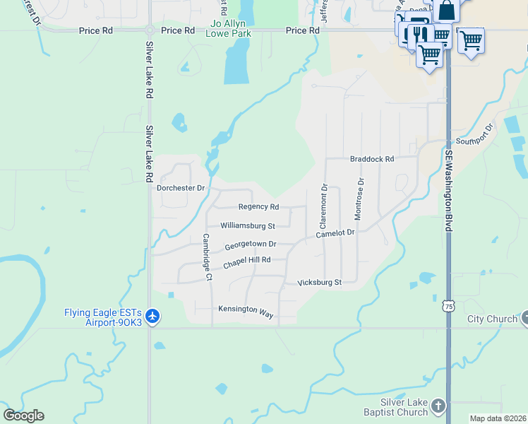 map of restaurants, bars, coffee shops, grocery stores, and more near 2616 Regency Road in Bartlesville