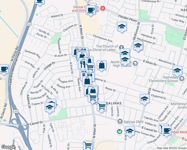 map of restaurants, bars, coffee shops, grocery stores, and more near 415 Noice Drive in Salinas