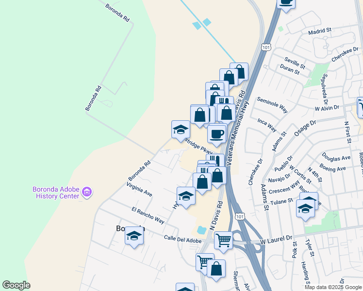 map of restaurants, bars, coffee shops, grocery stores, and more near 1135 Westridge Parkway in Salinas