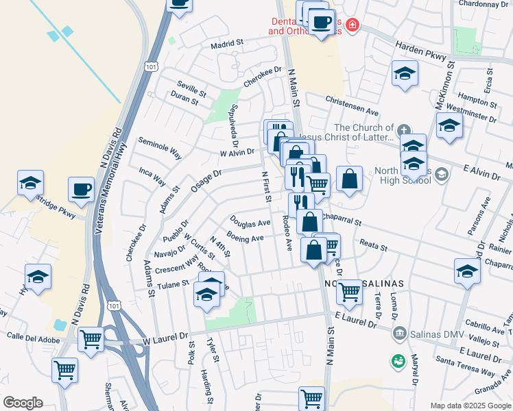 map of restaurants, bars, coffee shops, grocery stores, and more near in Salinas