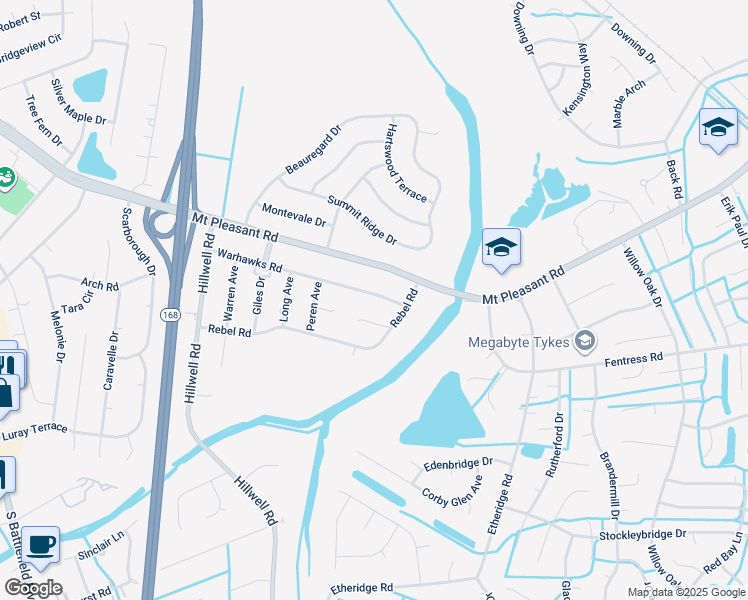 map of restaurants, bars, coffee shops, grocery stores, and more near 525 Warhawks Road in Chesapeake