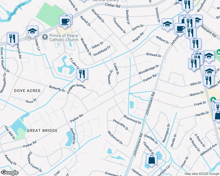 map of restaurants, bars, coffee shops, grocery stores, and more near 428 Vanette Drive in Chesapeake