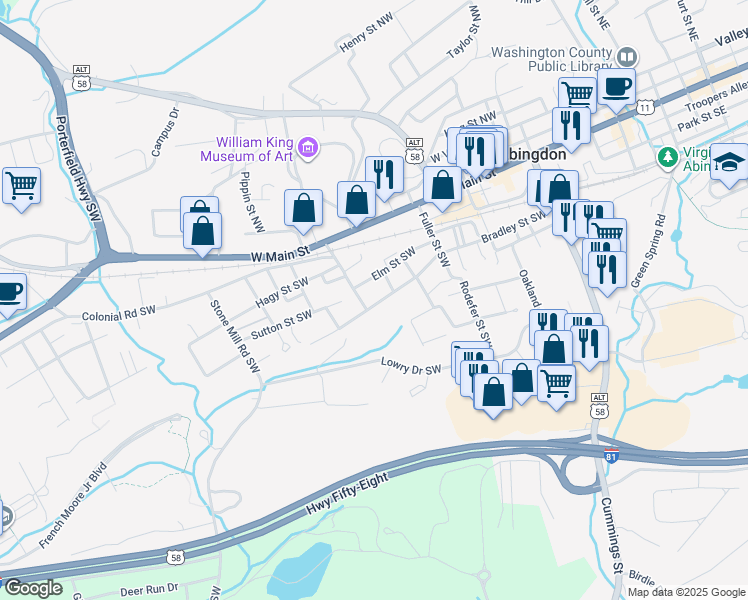 map of restaurants, bars, coffee shops, grocery stores, and more near 441 Bradley Street Southwest in Abingdon