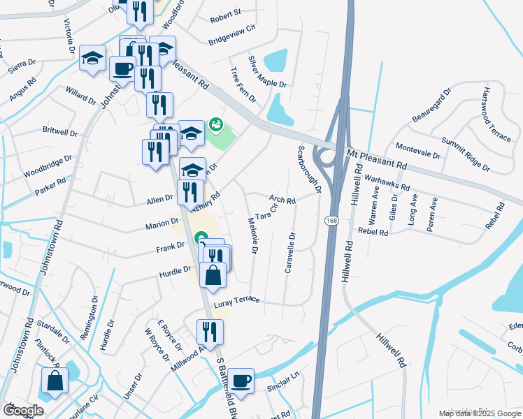 map of restaurants, bars, coffee shops, grocery stores, and more near 204 Tara Cir in Chesapeake
