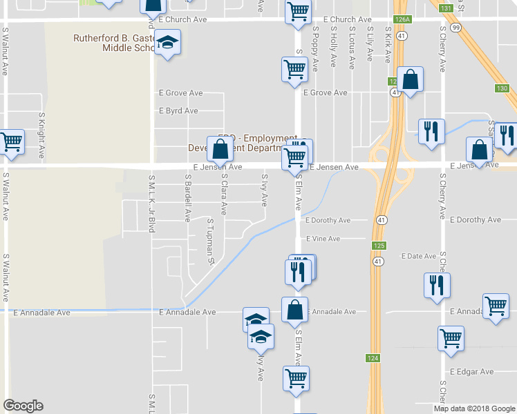 map of restaurants, bars, coffee shops, grocery stores, and more near 1458 East Calwa Avenue in Fresno