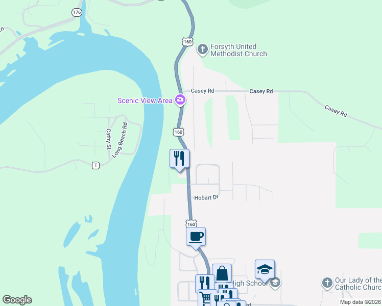 map of restaurants, bars, coffee shops, grocery stores, and more near 14825 U.S. 160 in Forsyth