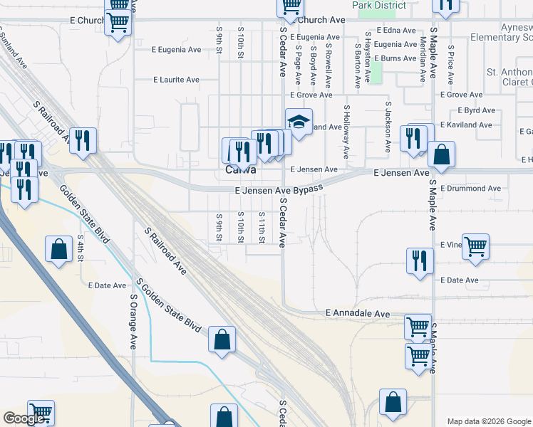 map of restaurants, bars, coffee shops, grocery stores, and more near 4121 East Calwa Avenue in Fresno