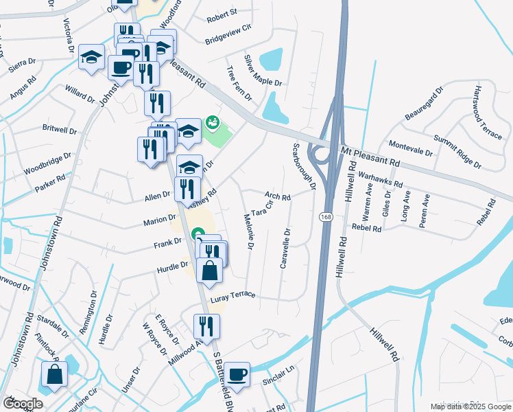 map of restaurants, bars, coffee shops, grocery stores, and more near 204 Tara Circle in Chesapeake