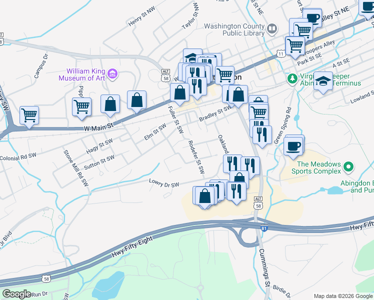 map of restaurants, bars, coffee shops, grocery stores, and more near 357 Jamison Street Southwest in Abingdon