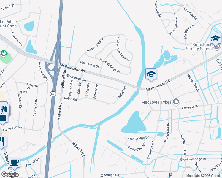 map of restaurants, bars, coffee shops, grocery stores, and more near 521 Warhawks Road in Chesapeake