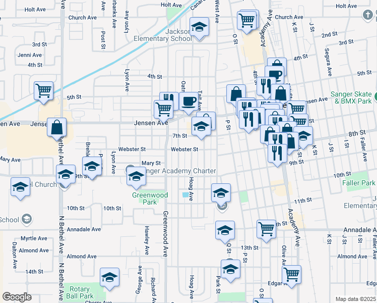 map of restaurants, bars, coffee shops, grocery stores, and more near 801 Hoag Avenue in Sanger