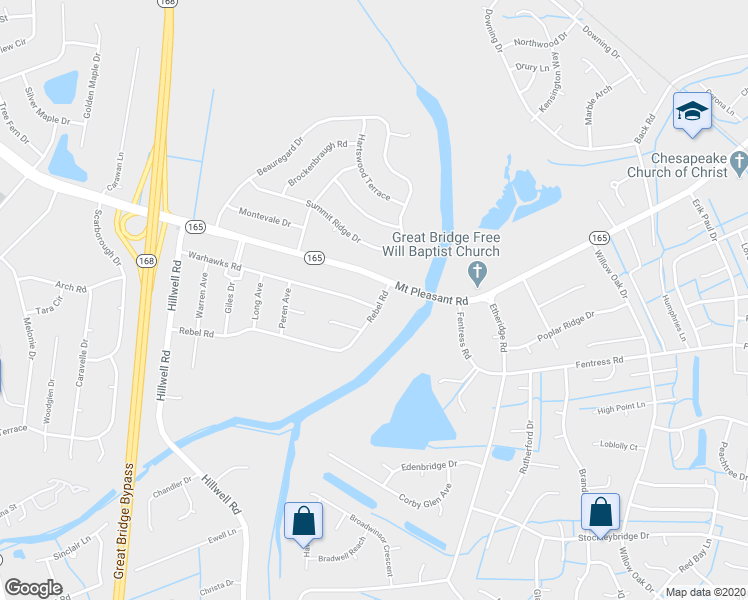 map of restaurants, bars, coffee shops, grocery stores, and more near 536 Warhawks Road in Chesapeake