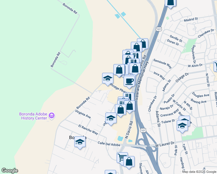 map of restaurants, bars, coffee shops, grocery stores, and more near 1135 Westridge Parkway in Salinas