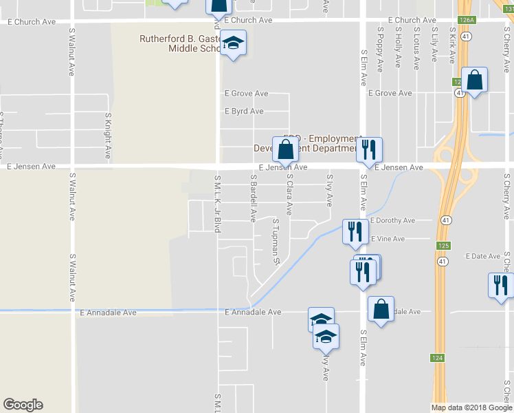 map of restaurants, bars, coffee shops, grocery stores, and more near 2655 South Bardell Avenue in Fresno
