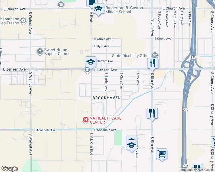 map of restaurants, bars, coffee shops, grocery stores, and more near 2655 South Bardell Avenue in Fresno