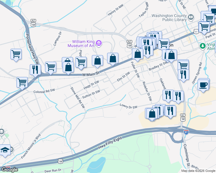 map of restaurants, bars, coffee shops, grocery stores, and more near 459 Sutton Street Southwest in Abingdon