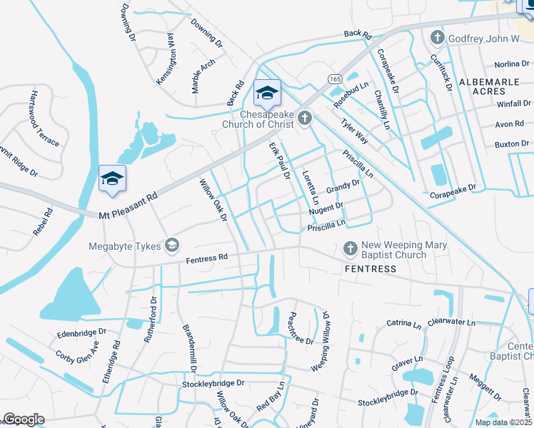 map of restaurants, bars, coffee shops, grocery stores, and more near 801 Priscilla Lane in Chesapeake