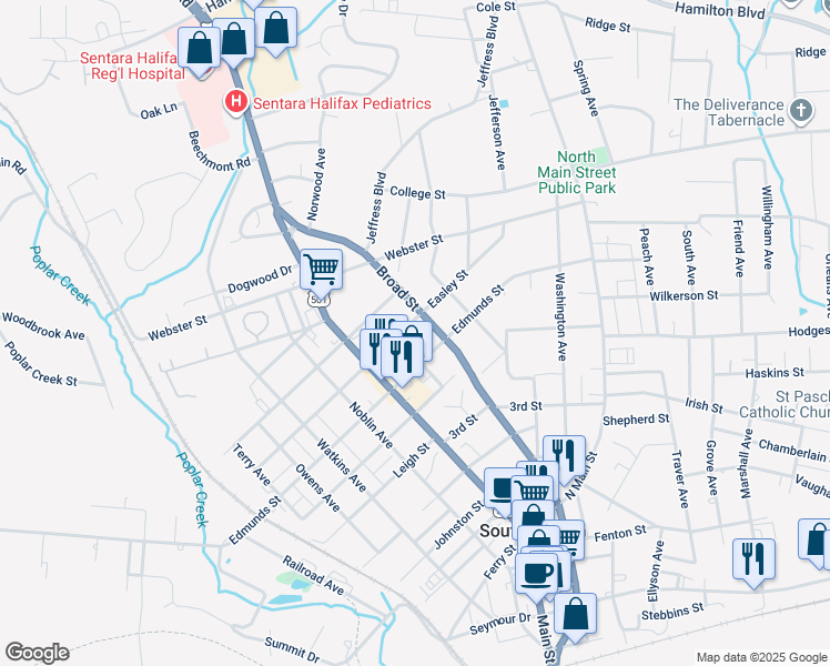 map of restaurants, bars, coffee shops, grocery stores, and more near 609 Easley Street in South Boston