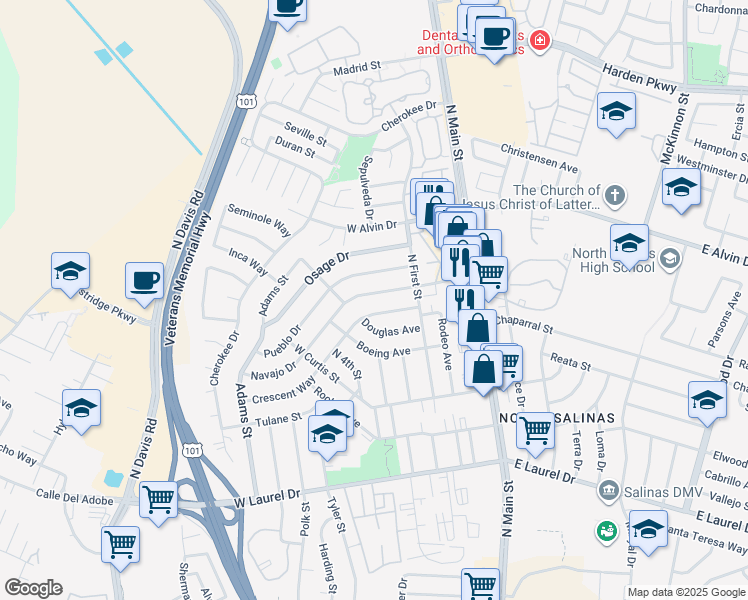 map of restaurants, bars, coffee shops, grocery stores, and more near 245 Navajo Drive in Salinas