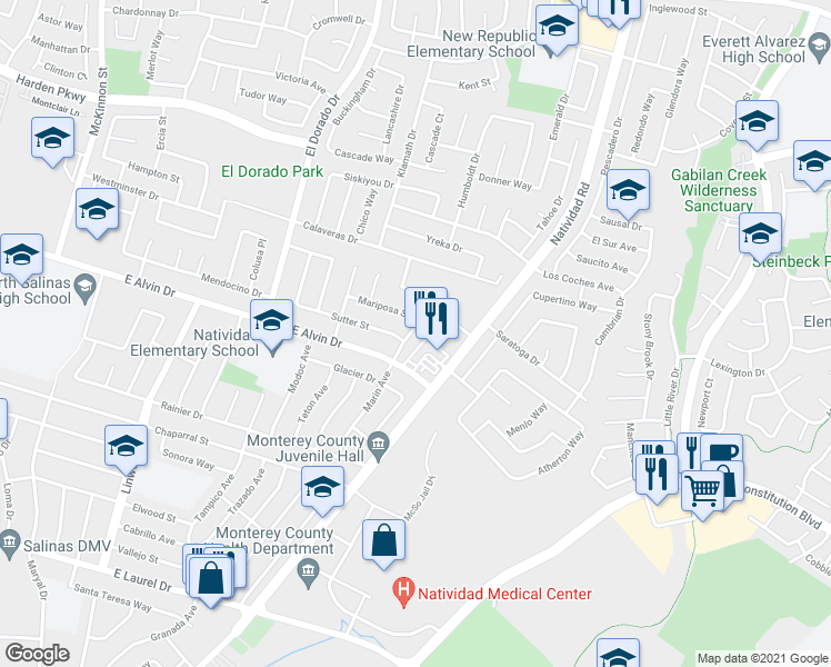 map of restaurants, bars, coffee shops, grocery stores, and more near 1532 Marin Avenue in Salinas