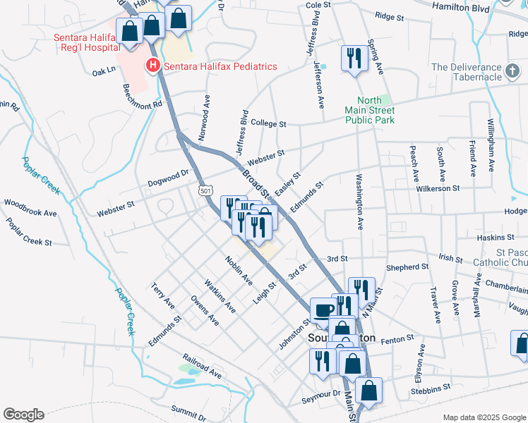 map of restaurants, bars, coffee shops, grocery stores, and more near 609 Easley Street in South Boston