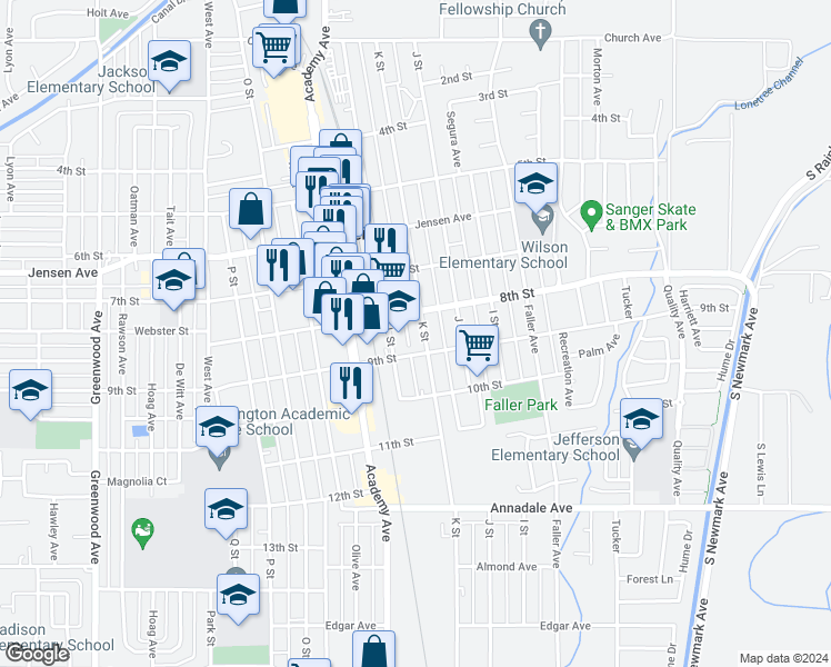 map of restaurants, bars, coffee shops, grocery stores, and more near 819 K Street in Sanger