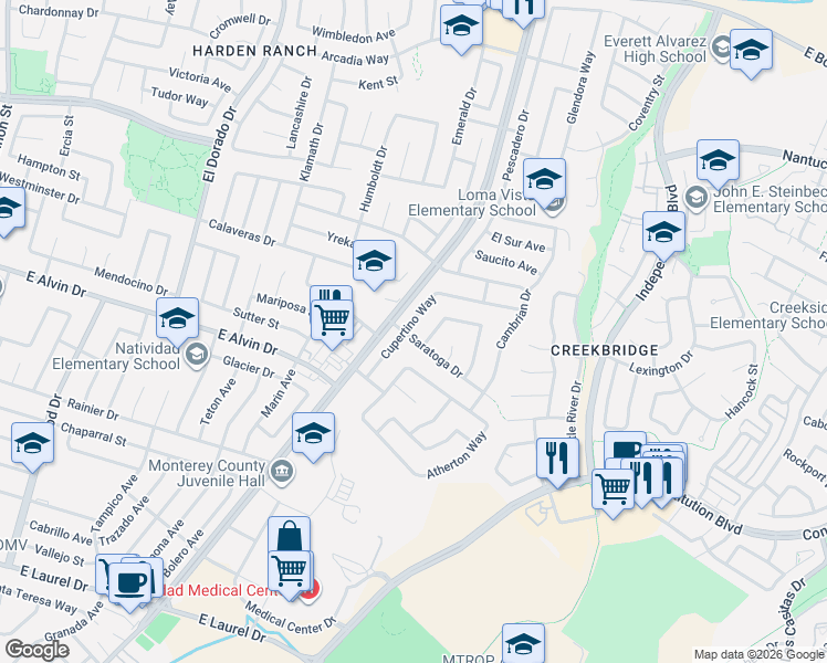 map of restaurants, bars, coffee shops, grocery stores, and more near 1585 Cupertino Way in Salinas