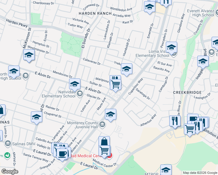 map of restaurants, bars, coffee shops, grocery stores, and more near 1532 Marin Avenue in Salinas