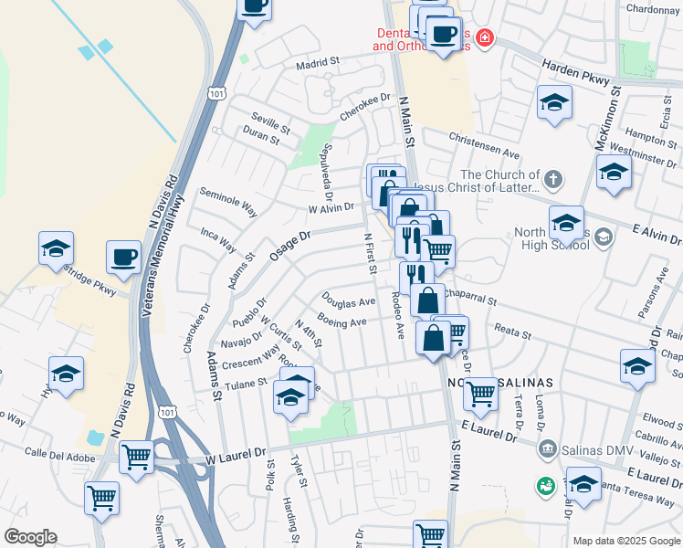 map of restaurants, bars, coffee shops, grocery stores, and more near 245 Navajo Drive in Salinas