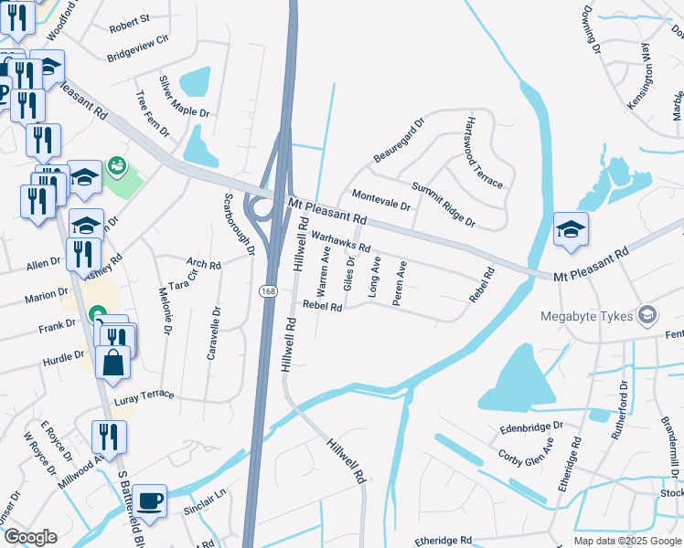 map of restaurants, bars, coffee shops, grocery stores, and more near 536 Giles Drive in Chesapeake