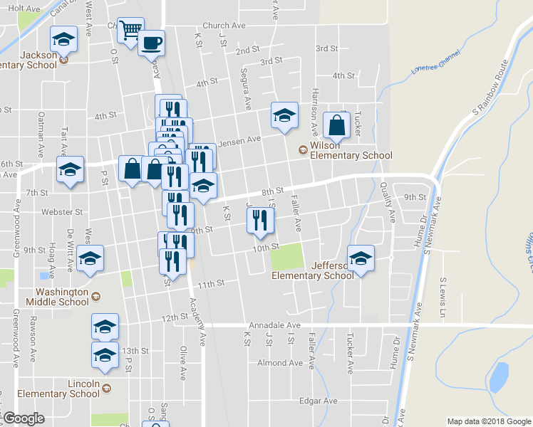 map of restaurants, bars, coffee shops, grocery stores, and more near 825 I Street in Sanger