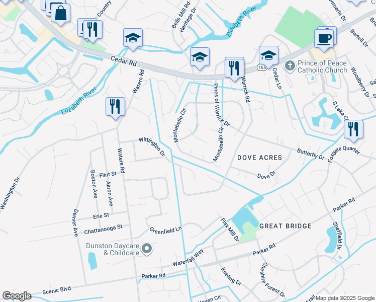 map of restaurants, bars, coffee shops, grocery stores, and more near 508 Brandy Court in Chesapeake