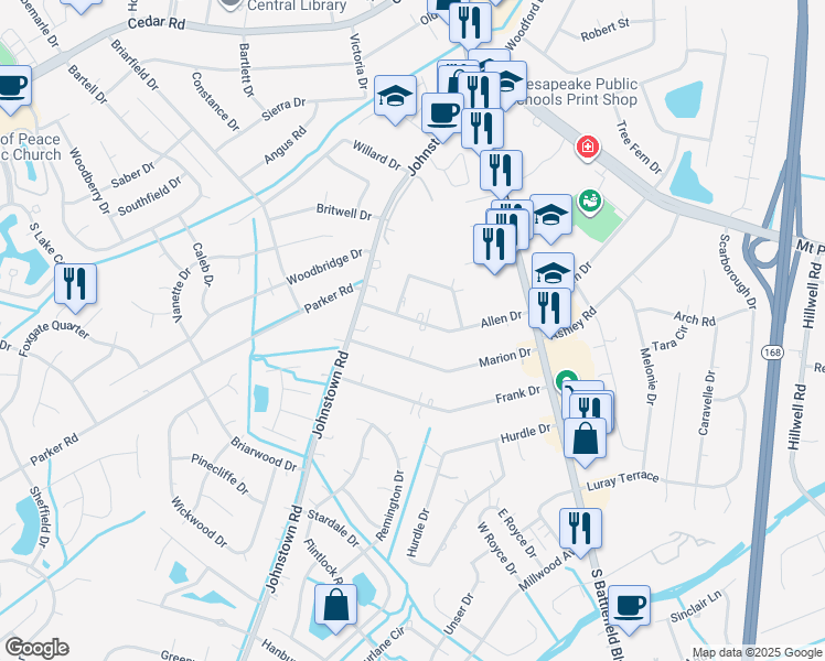 map of restaurants, bars, coffee shops, grocery stores, and more near 221 Allen Drive in Chesapeake