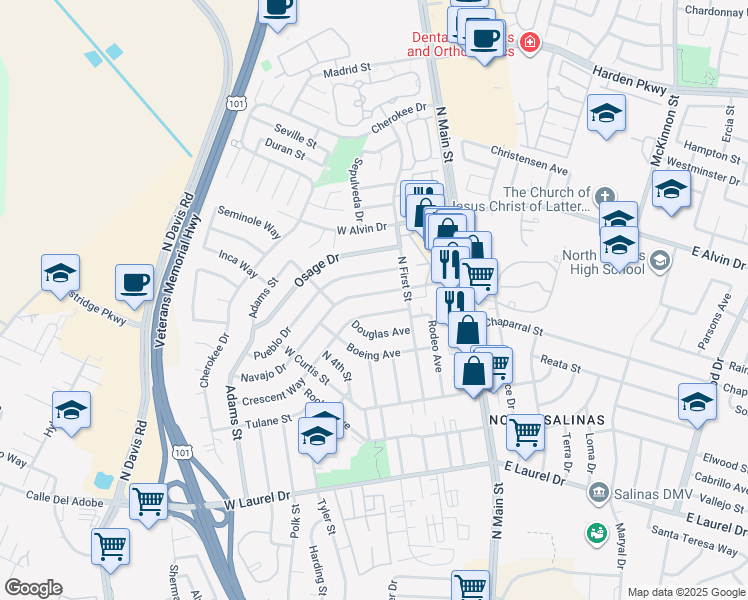 map of restaurants, bars, coffee shops, grocery stores, and more near 245 Navajo Drive in Salinas
