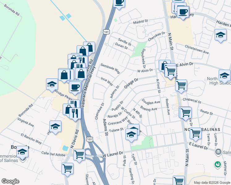 map of restaurants, bars, coffee shops, grocery stores, and more near 1458 Adams Street in Salinas