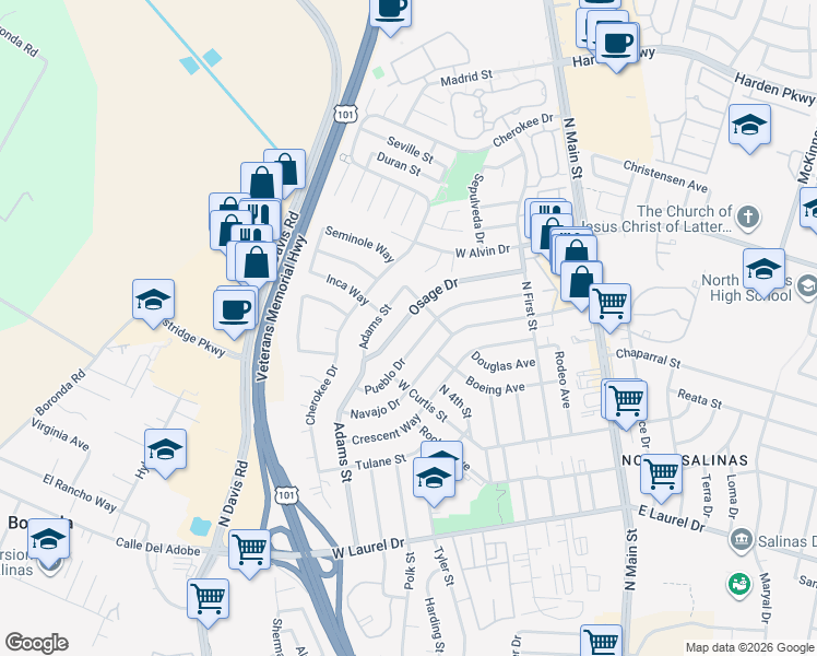 map of restaurants, bars, coffee shops, grocery stores, and more near 323 Osage Drive in Salinas