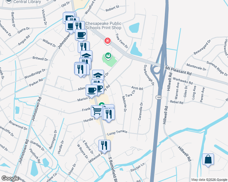 map of restaurants, bars, coffee shops, grocery stores, and more near 204 Scarlett Drive in Chesapeake