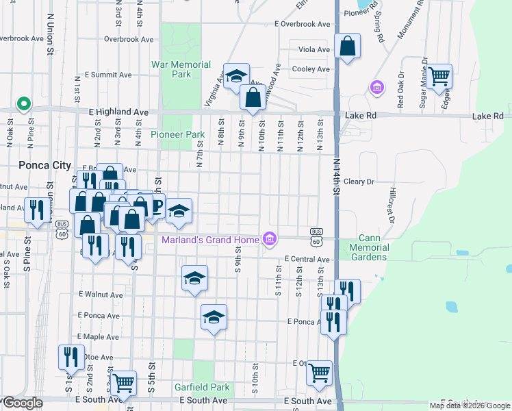map of restaurants, bars, coffee shops, grocery stores, and more near 210 North 10th Street in Ponca City
