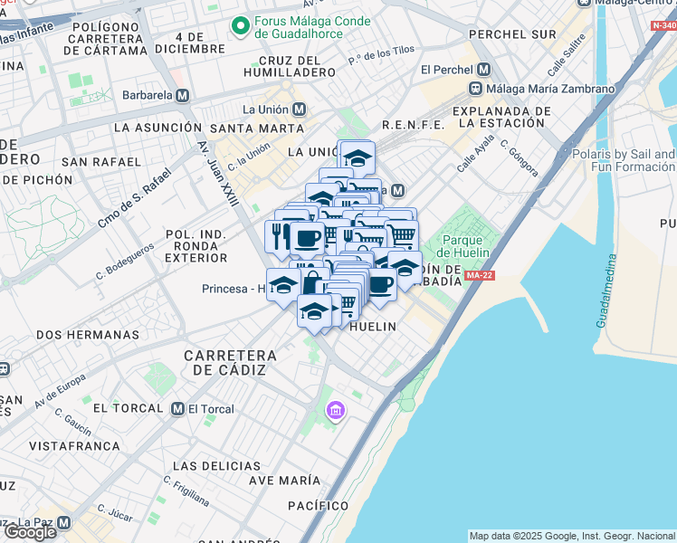 map of restaurants, bars, coffee shops, grocery stores, and more near 12 Calle la Caramba in Málaga