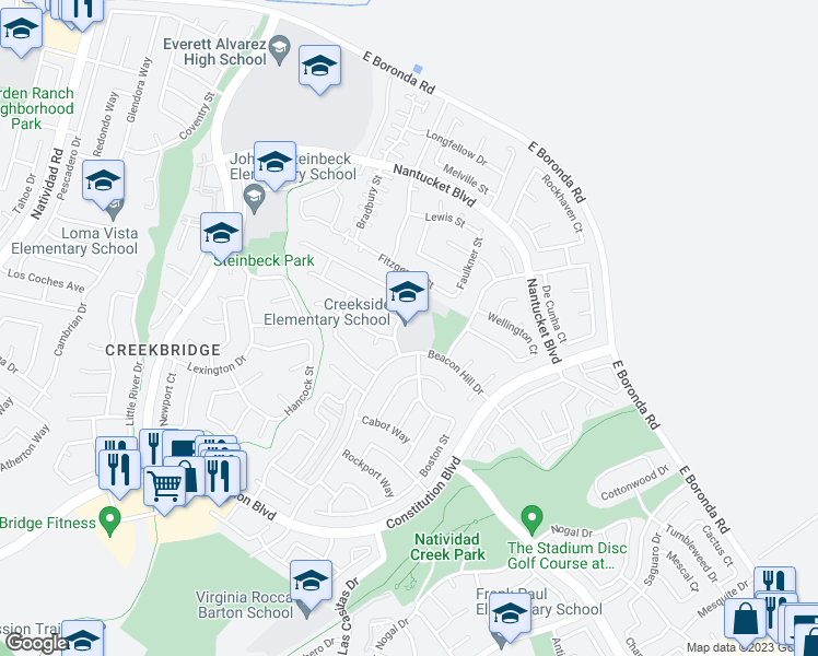 map of restaurants, bars, coffee shops, grocery stores, and more near 1770 Kittery Street in Salinas