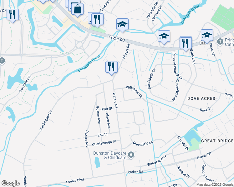 map of restaurants, bars, coffee shops, grocery stores, and more near 529 Waters Road in Chesapeake